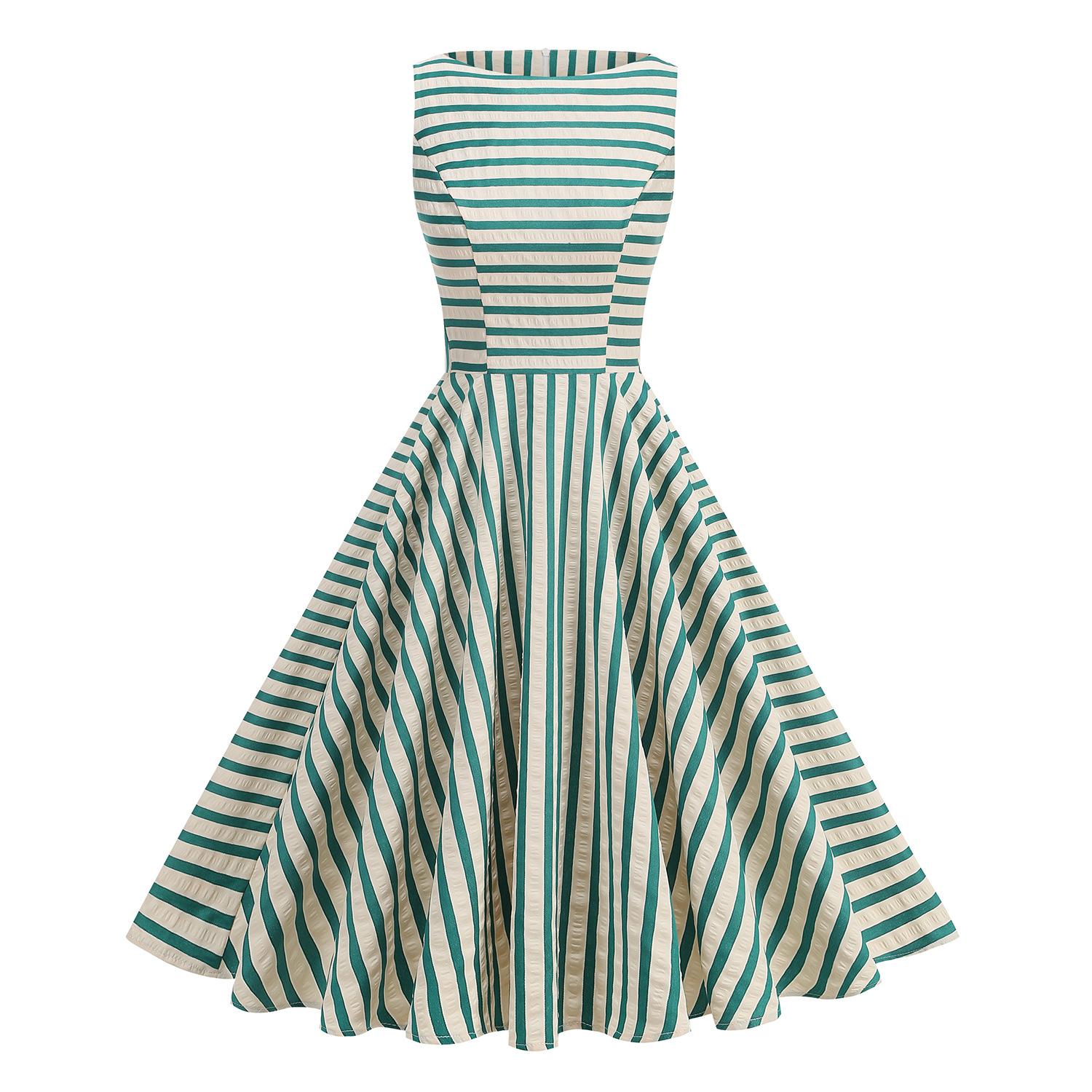 

Retro tropical holiday outfit: a playful, asymmetrical striped patchwork midi dress with a dynamic Hepburn-inspired silhouette S
