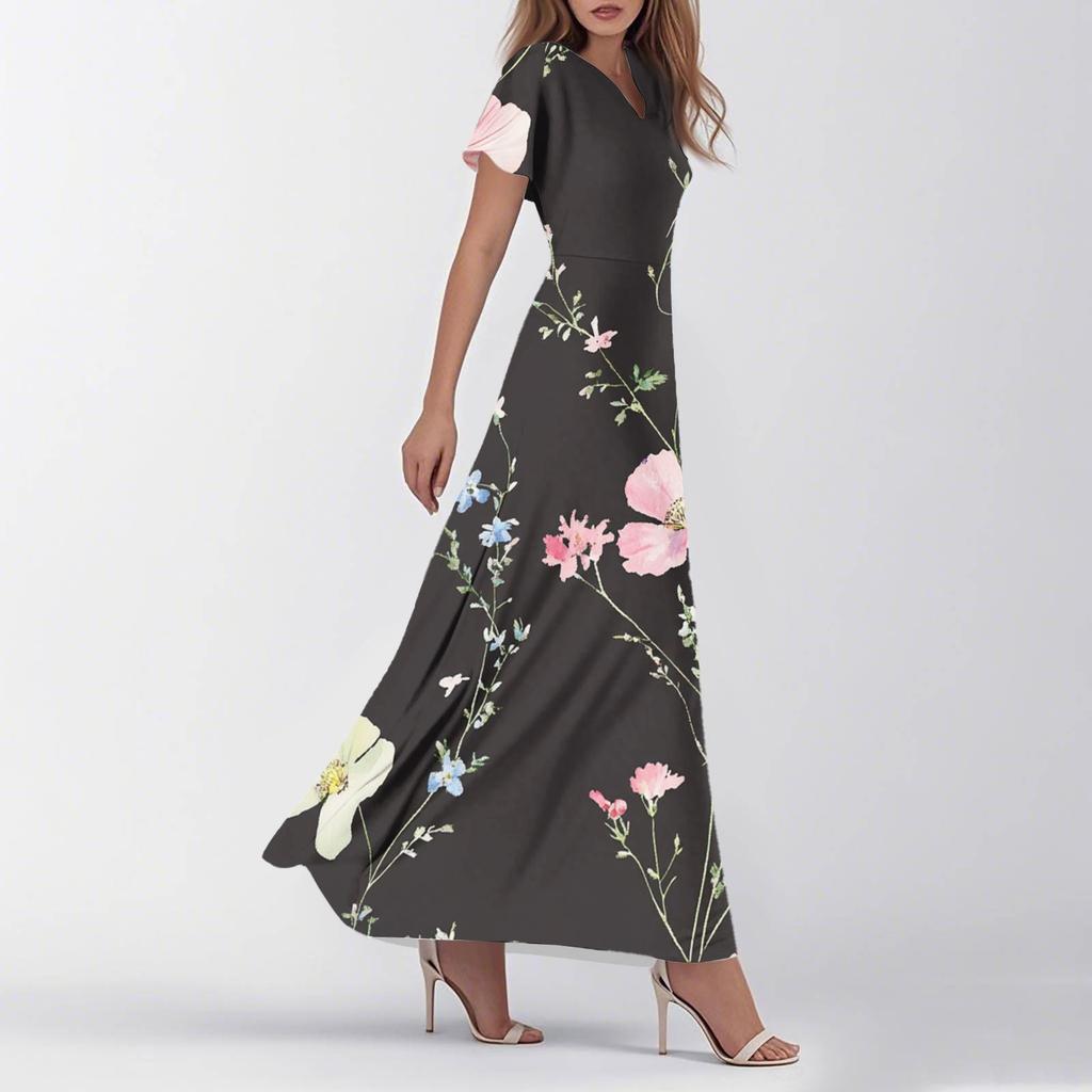 Women's Summer Casual Fashion Retro Floral Dress V Neck Short Sleeve Dress