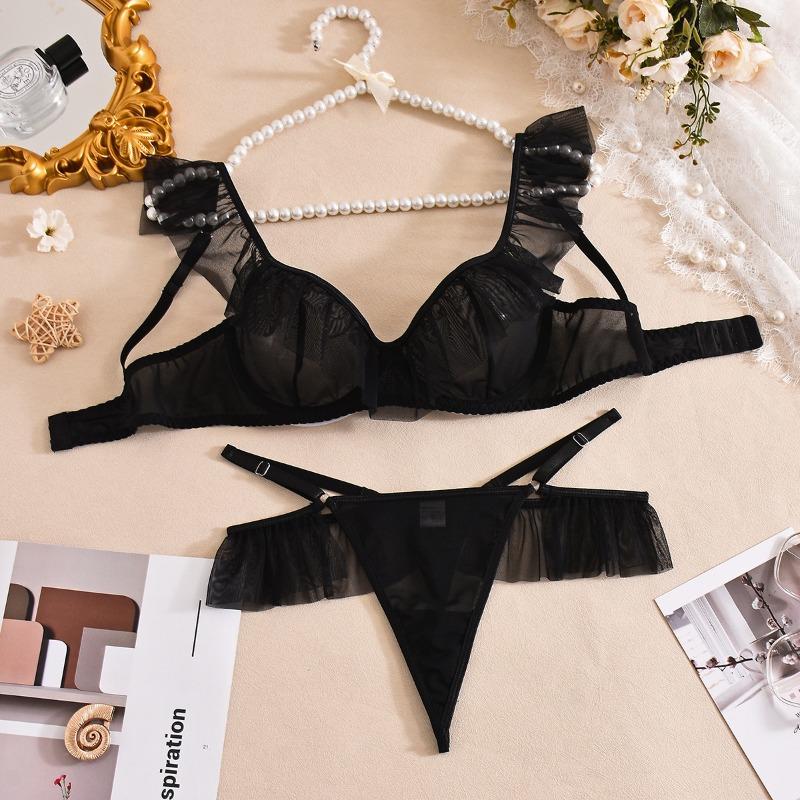 Perspective wrinkled lace decoration sexy temptation three-point erotic underwear set