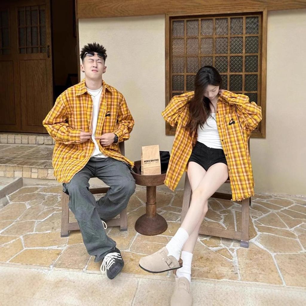 2024 Unisex American Retro Yellow Plaid Shirt Jacket - Unique Summer & Spring Top for Couples