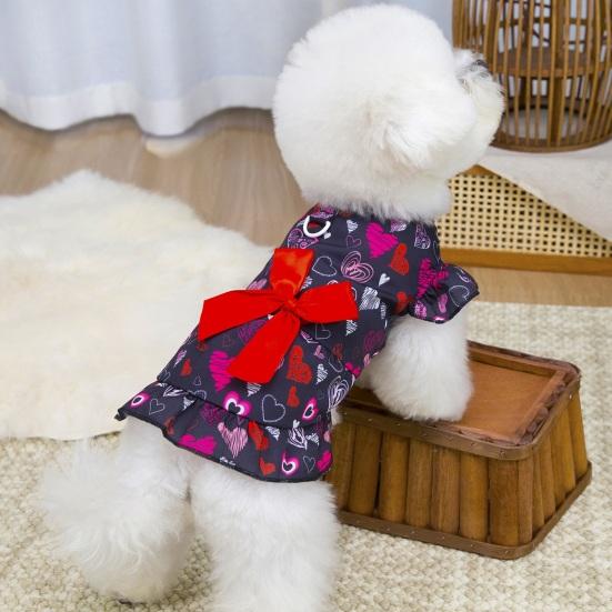 Hundekleid mit roter Schleife Herz-Aufdruck Flatterärmel Rüschensaum Haustier Kostüm Outfit Bekleidung für kleine Hunde Katzen