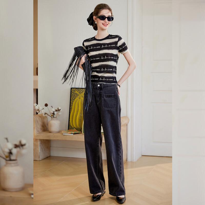 Women's Striped Round Neck Short Sleeve T-shirt