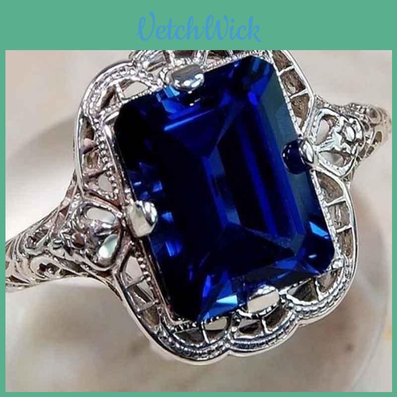 Elegant European Style Jewelry With Classic Square Cut Blue Sapphire Rhinestone Studded Ring