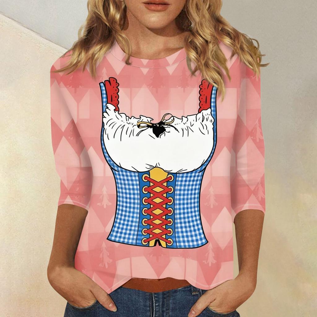 Women Casual Three Quarter Sleeve Oktoberfest Print Round Neck Shirt Lightweight Comfortable Fit Stylish Design