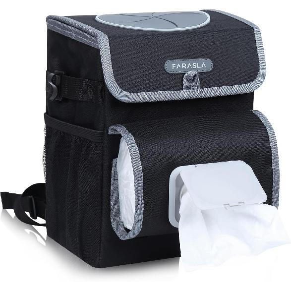 

Farasla All-in-One Car Trash Can, Garbage Bag for Car with Removable Leakproof Interior Liner, Adjustable Tissue Holder & Straps(Black) Black-deluxe
