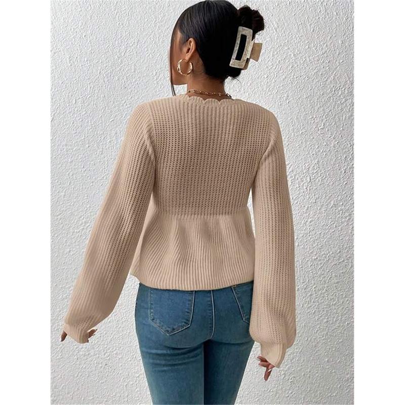 Women's Hollow Out Knitted Sweater Spring Autumn Sexy Deep V Lace Up Pullover Tops Solid Long Sleeve Knitwear Sweater Femme