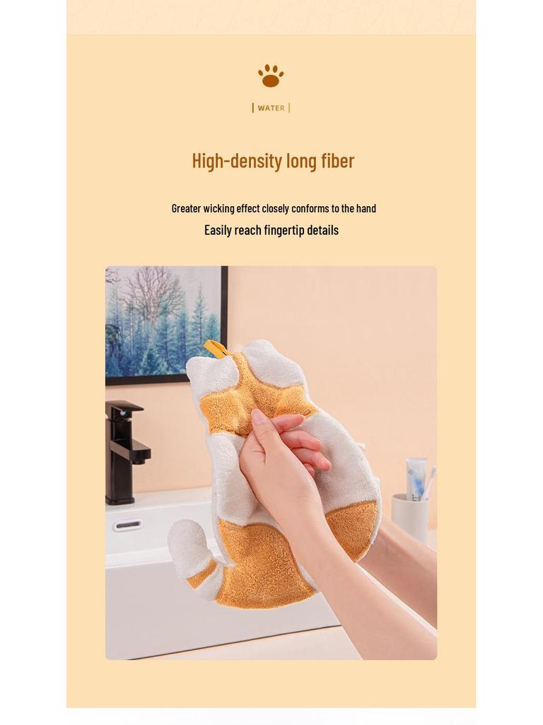 Prosop de mână drăguț pentru copii din fleece de coral cu pisică – Super absorbant, gros, cu agățătoare, lavetă pentru uz bucătărie