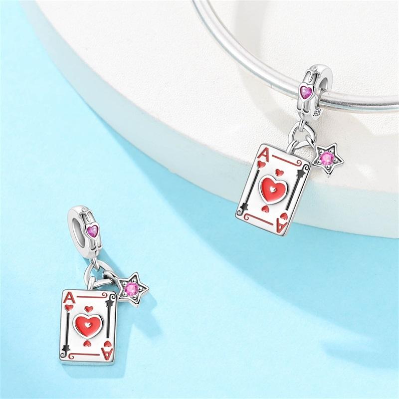925 Silber Pokerkarten Anhänger Perlen Schwarzer Pik 10-A Royal Flush Rotes Herz 10-A Charm Für Armband Damenschmuck Geschenke