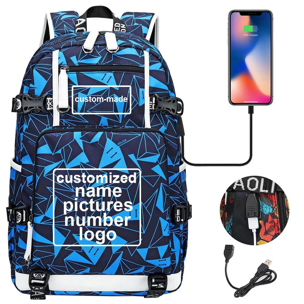 Customized Print DIY Your Like Photo or Logo Boy Girls Kids Book Bag Women USB Laptop Backpack Canvas Men Bagpack Big Travel Bag
