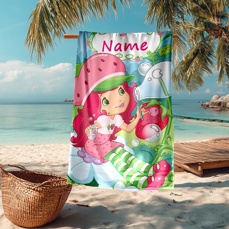 Custom Name Ultra-Soft Beach Towel with Strawberry Shortcake Theme,Ideal for Pool - Camping, Diving - Perfect Travel Essential, Vibrant Beach Towel.