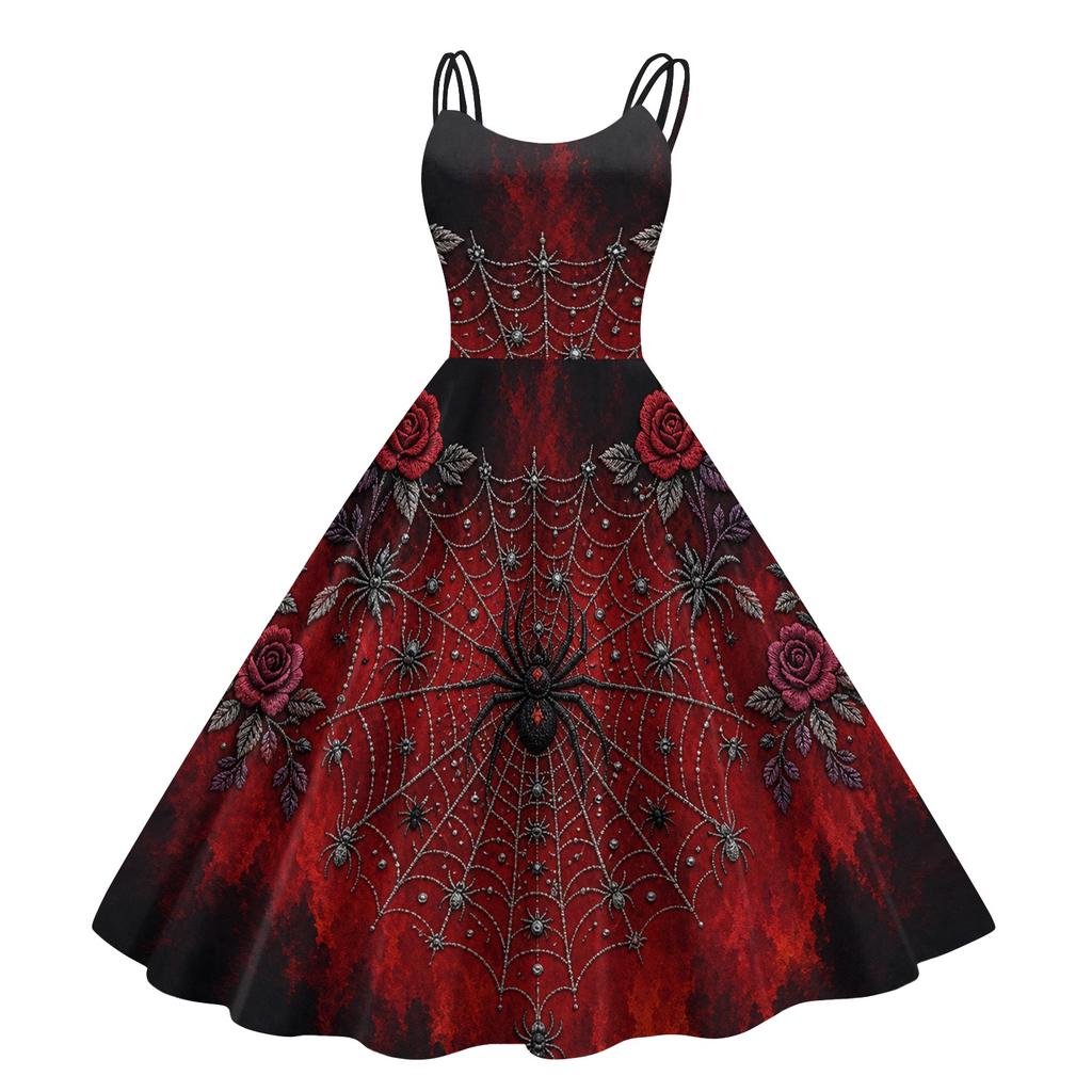 Women's Fashionable Halloween Print Off Shoulder Spaghetti Strap Dress