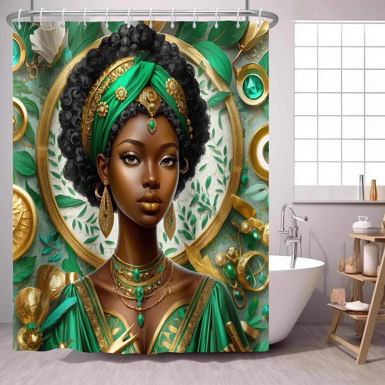 

African American Woman Shower Curtain Black Woman Colorful Flower on Green Backdrop,Morden Fashion Gril Fabric Shower Curtains 90x180CM
