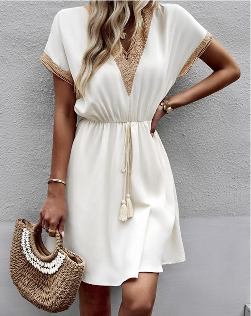Summer Casual Crochet Vneck Dress With Short Sleeves For Women
