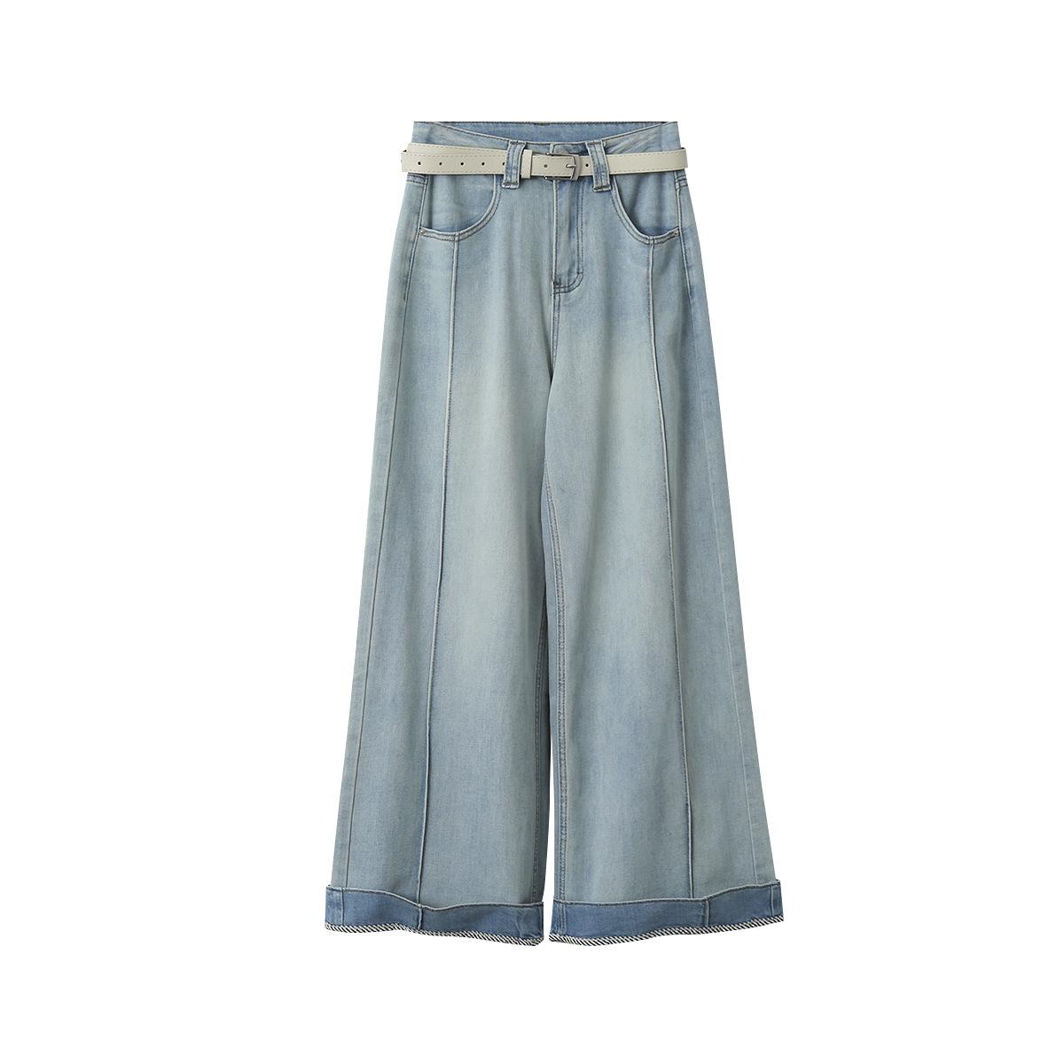 Oufan 2025 High-Waisted Wide-Leg Jeans: Women s Designer Turn-Up Slimming Pants S