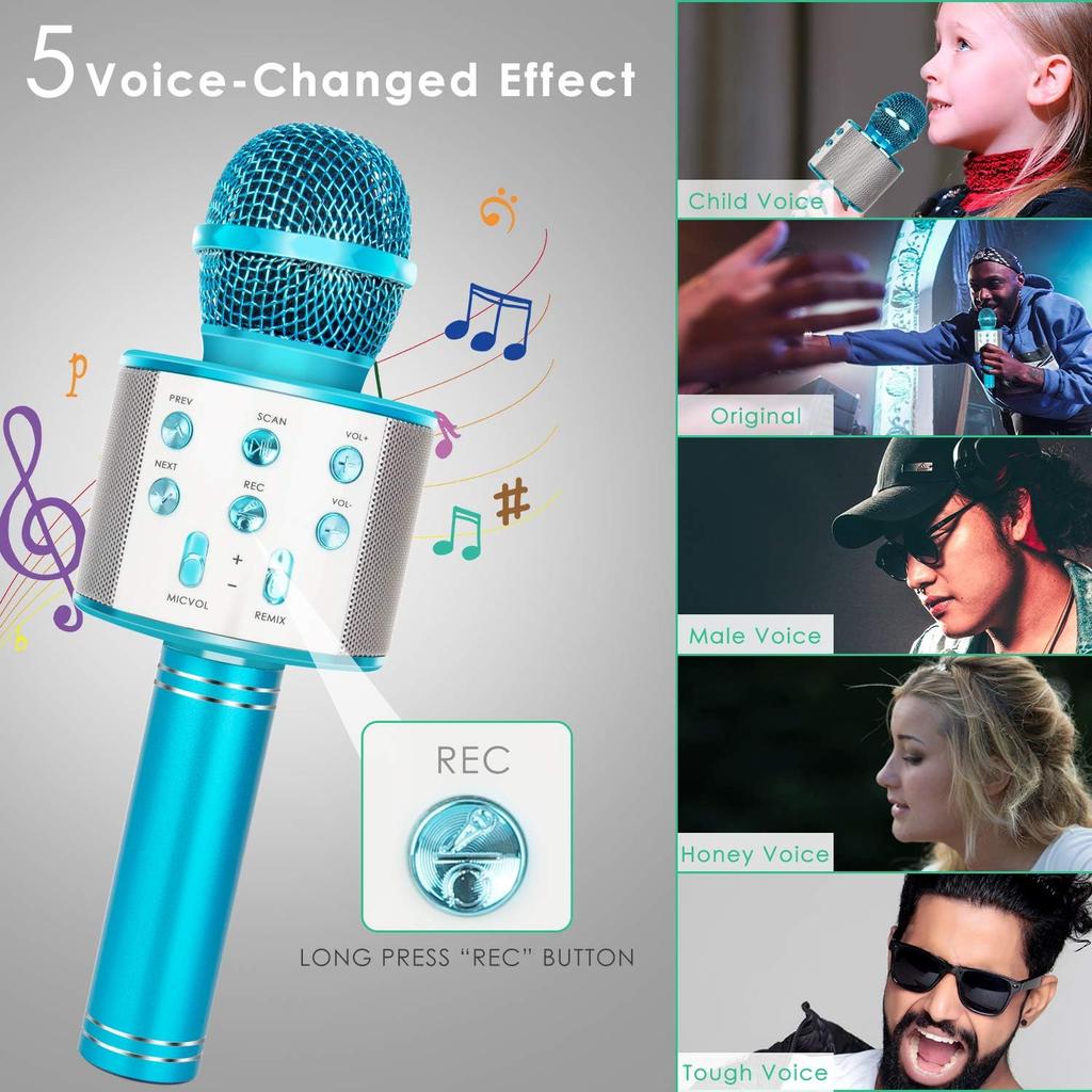 Wireless Bluetooth Karaoke Microphone for Kids, 5-in-1 Portable Handheld Karaoke Mic Speaker Player Recorder with Adjustable Remix FM Radio