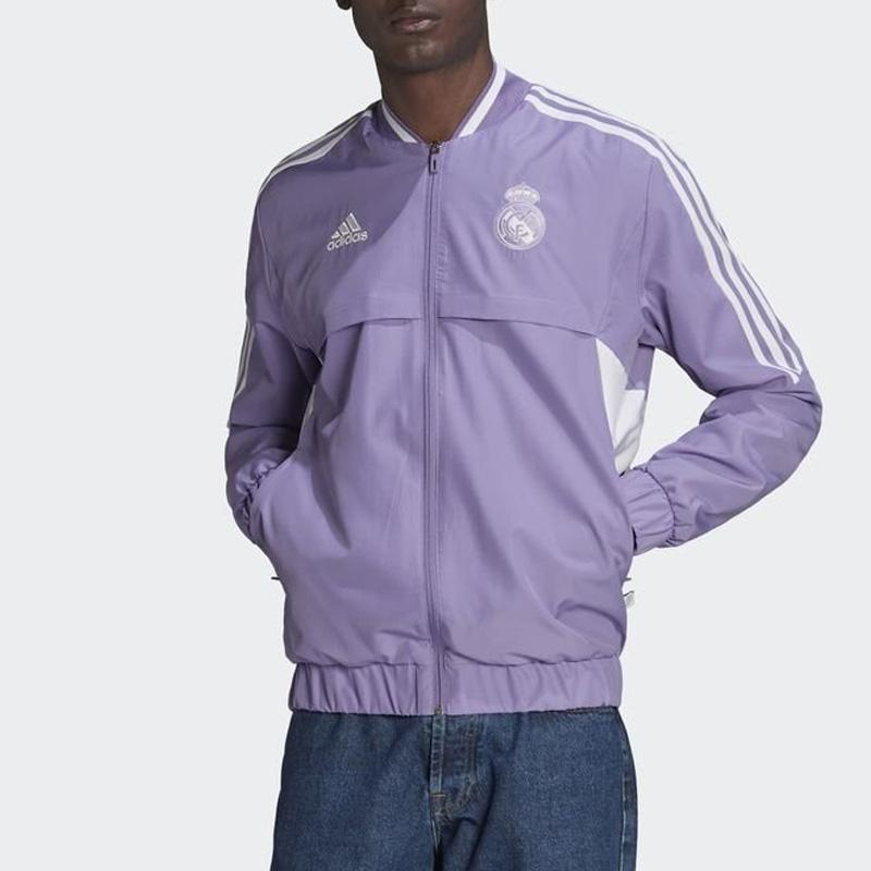 Adidas Real Madrid Club Football Sports Leisure Series Logo Embroidered Striped Zip Jacket Men jackets Purple HA2527