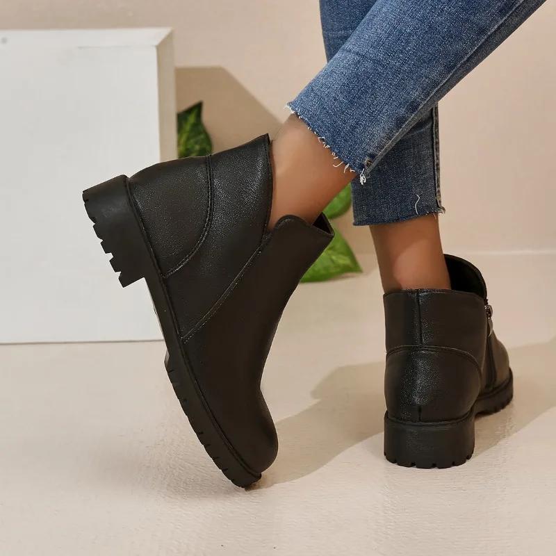 Women's Shoes 2024 High Quality Zipper Women's Boots Autumn Round Toe Solid Short Barrel Low-heeled Large Size Naked Boots