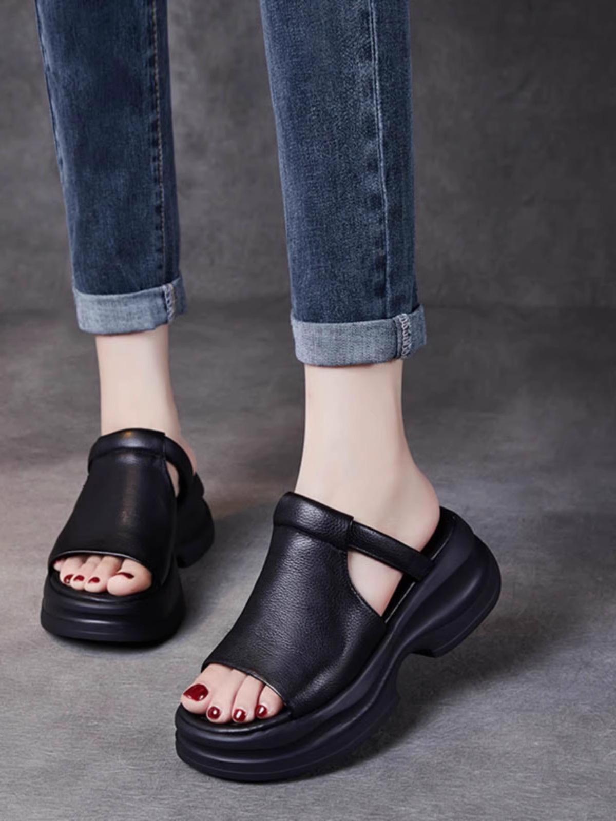 

Fashion Authentic Leather Roman Sle Sandals Women s 2025 Summer New Slope Heel Thi Bot Soft Bot Ethnic Sle Retro Fi Mouth 40