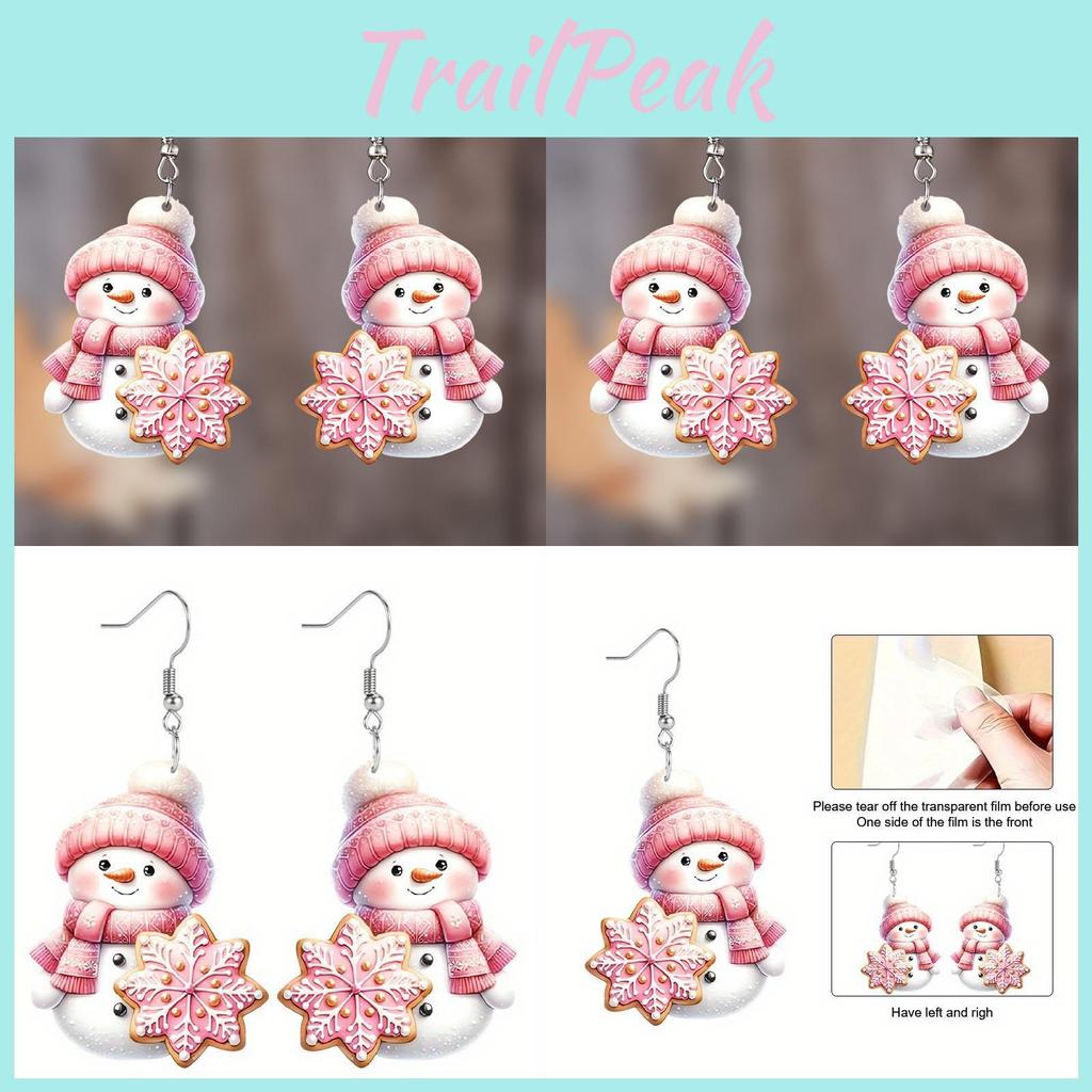 Theme Christmas Cute Cartoon Pink Hat Scarf Snowman Pattern Earrings Women