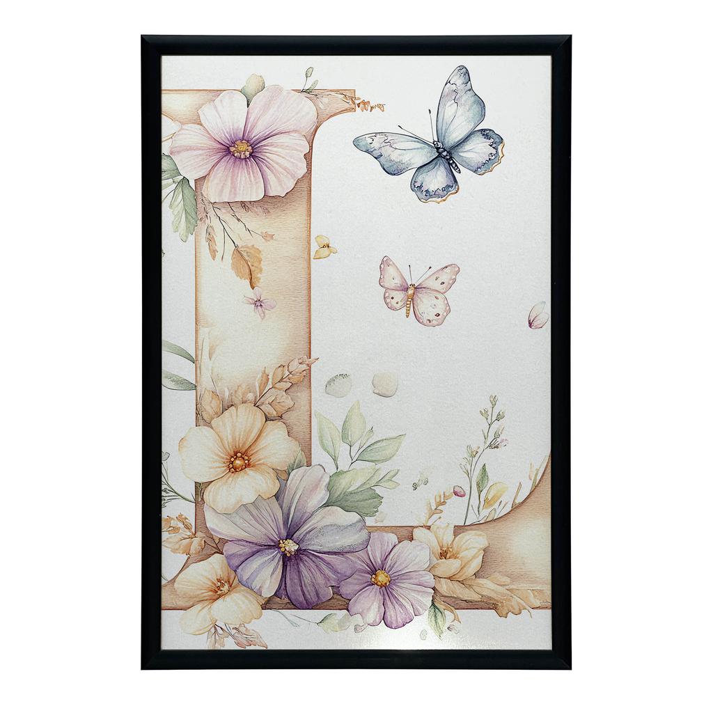 Poster "L" i blommor och fjärilar Poster "L" i blommor och fjärilar, 30X40 cm, Guld aluminiumram, Matt papper 230 gsm