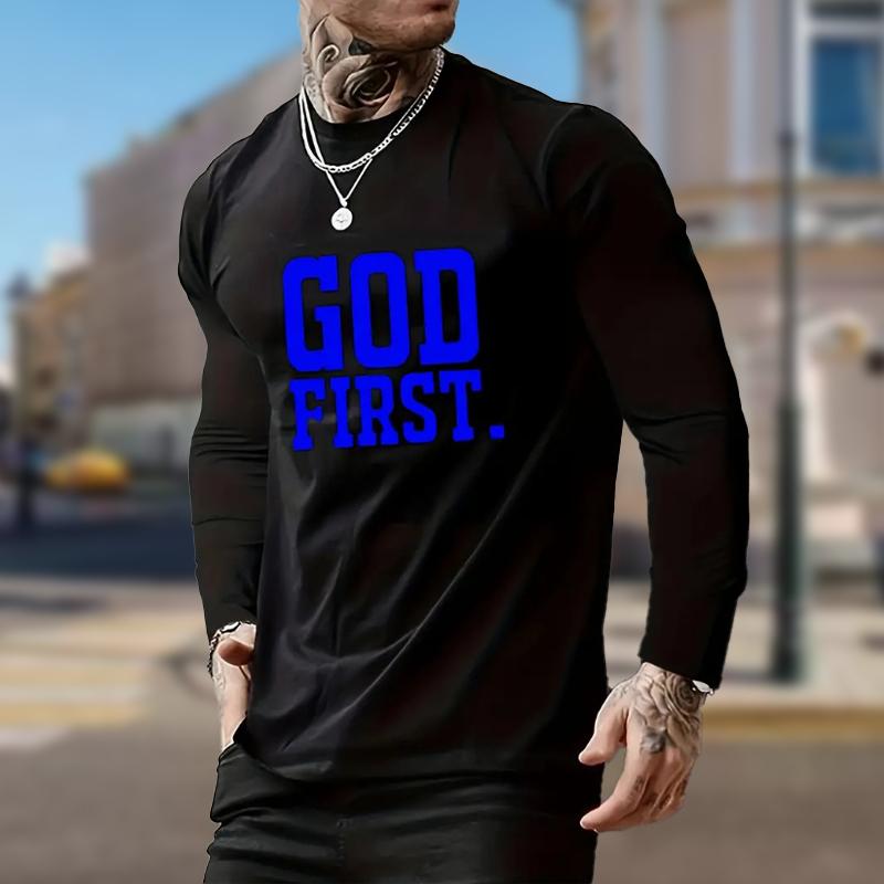 Personalized Letters Print Men's Tshirts Long Sleeve Tees Round Neck Casual Pullover Men's Clothing Plus Size