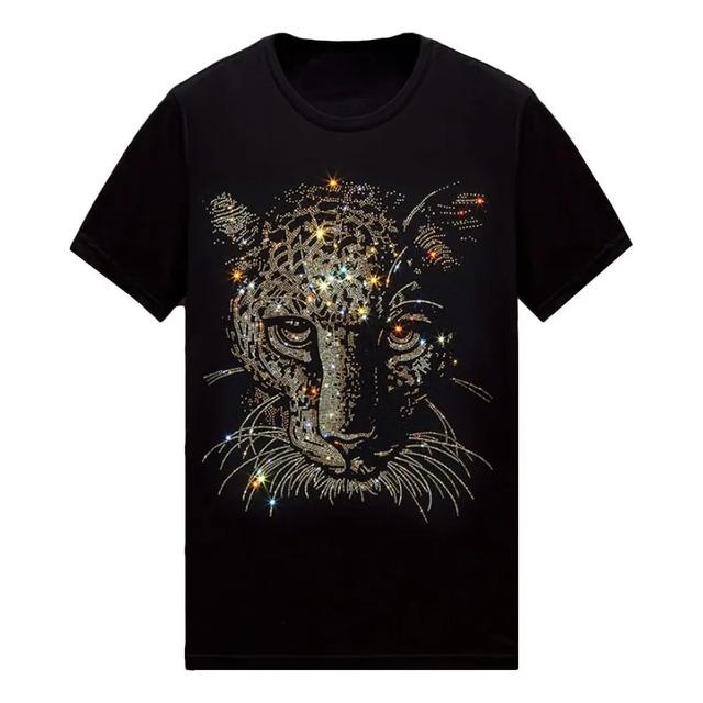 Camiseta Preta Com Strass Cintilante Com Rosto De Leopardo M