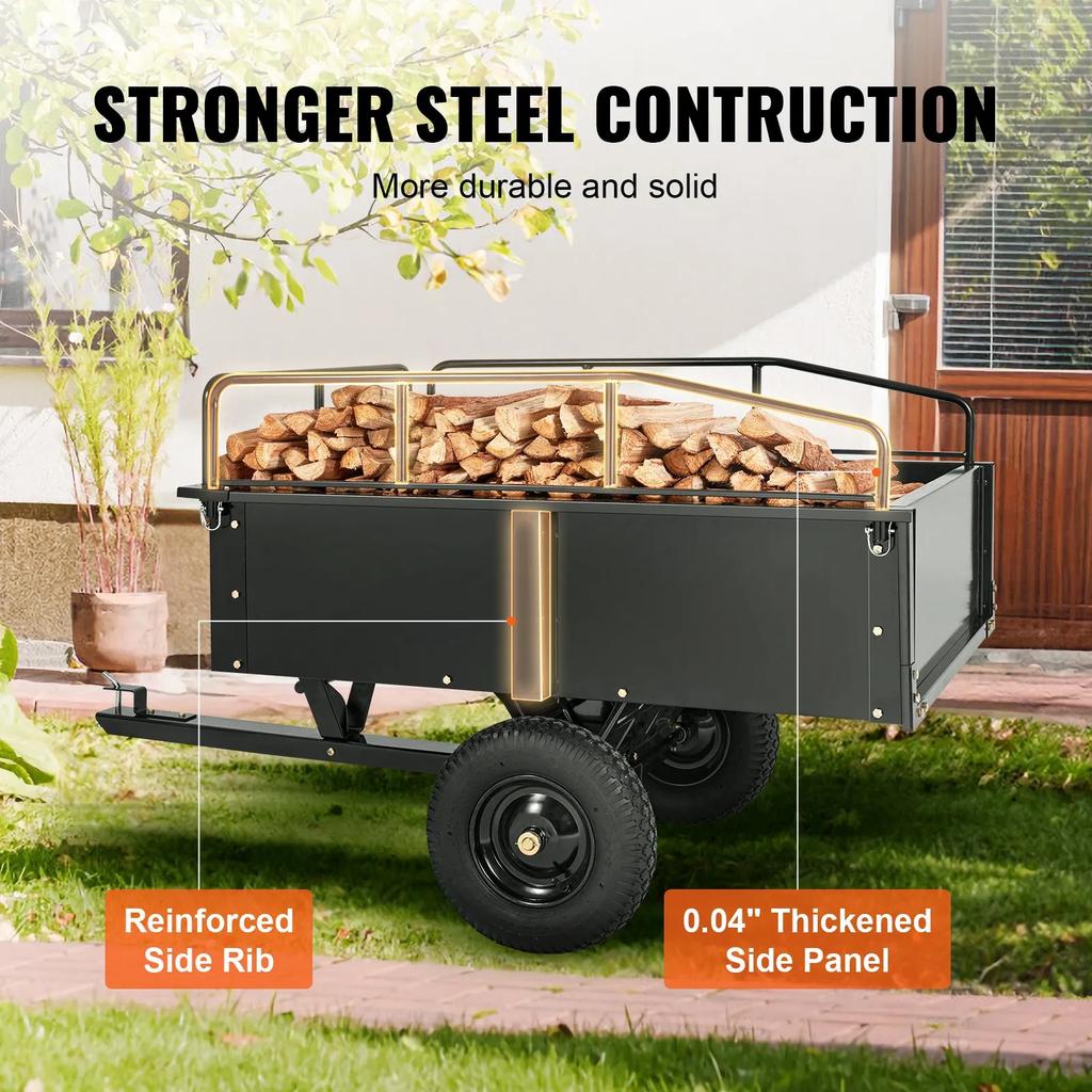 VEVOR Robuuste ATV Trailer Stalen Kiepwagen, 340 kg 0,43 Kubieke Meter, Tuin Utility Trailer met Afneembare Zijkanten voor Zitmaaier Tractor