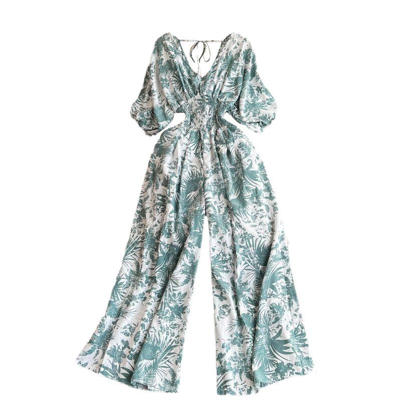 Gentle Bubble V-neck Casual High Waist Print Short Sleeve