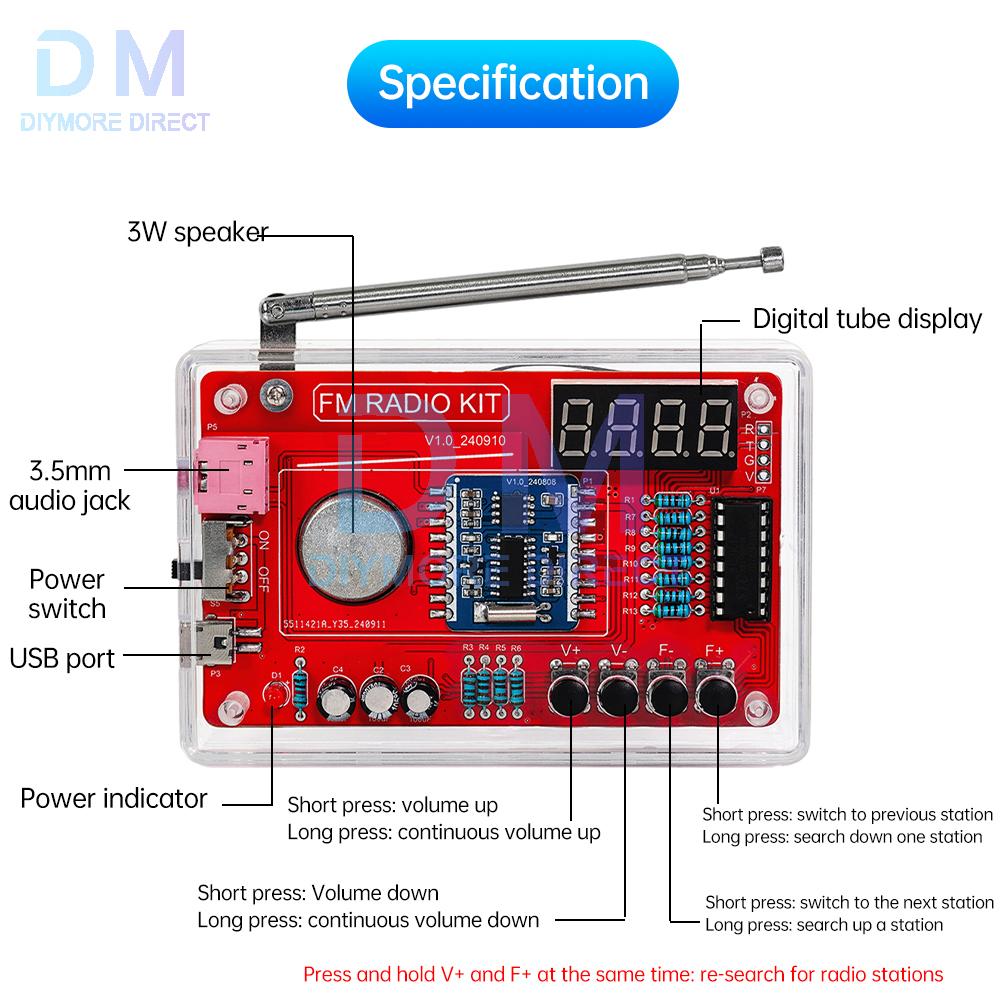 DIY FM Radio Electronic Kit 87-108MHZ Adjustable IC RDA5807 with LED Digital Display DIY Soldering Kit 3W Speaker Dual Power