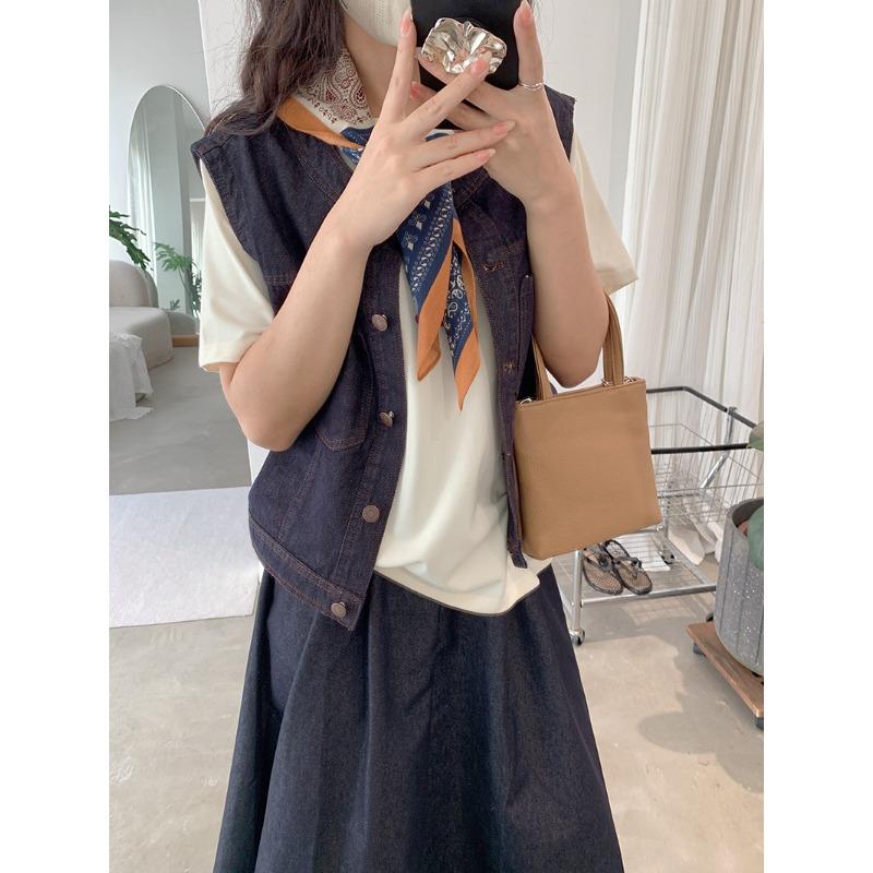 Frühling Herbst Vintage Rundhals Locker Lässig Denim Weste Damen Ärmellos Alleskönner Tasche Tanktop