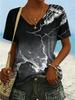 Women's Gradient Marble Print V-Neck T-Shirt, Casual Short Sleeve Tops, Modern Abstract Daily Wear for Spring & Summer