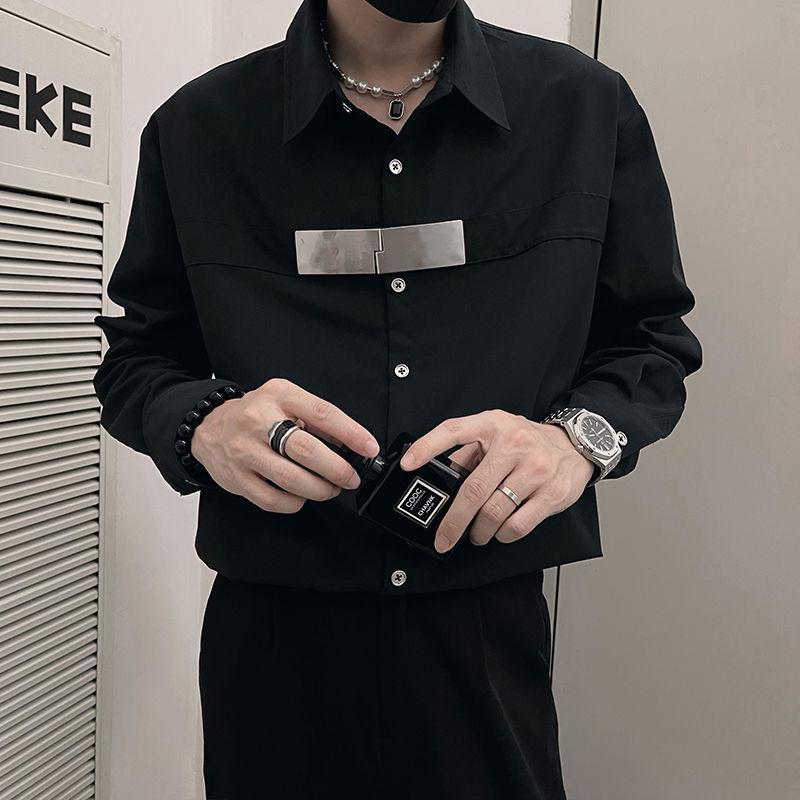 

Американский повседневный свободный крой, мужская одежда, однотонная базовая, весенне-осенняя, с лацканами, стильная, с вставками, для поездок на работу, однобортная рубашка XL чёрный