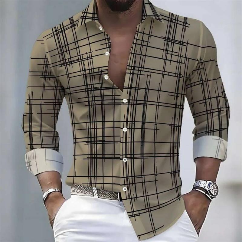 Men's Irregular Line Grid 3D Printed Long Sleeved Shirt, Business Casual Lapel Button Up Cardigan