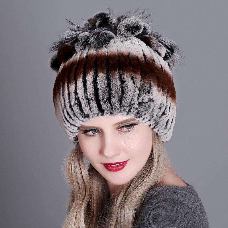 Colorful Rex Rabbit Fur Knitted Women's Warm Winter Hat