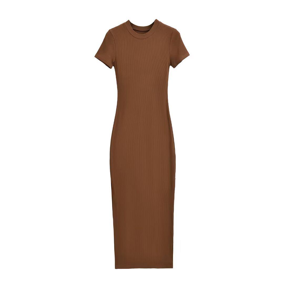 

Women s Spicy Girl Double Slit Round Neck Short Sleeve Summer Slimming Midi Dress Medium кавовий