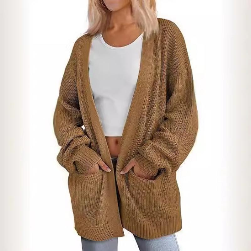 Autumn and Winter New Style 2025 European American Solid Color Loose Long Sweater Women Pocket Jacket Women
