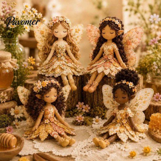 Künstlerische Heimdeko Bastelset Magische Fee Patchwork, DIY Blumenstoff Nähen Dekoratives Figuren-Set 4-flügelige Puppen, für Anfänger,
