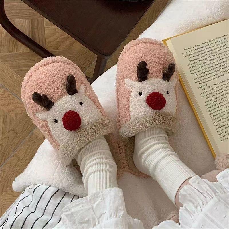 Winter Christmas Elk Plush Shoes Home Fashion Couple Non slip Warm Baotou Cotton Slippers