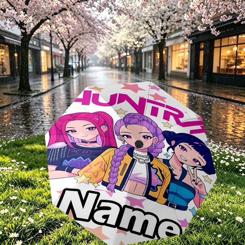 Custom Name Personalized KPop Demon Hunters Print Umbrella, Auto Open Close, 8‑Rib Sturdy Frame, Commute Camping Hiking Use, Birthday Gift