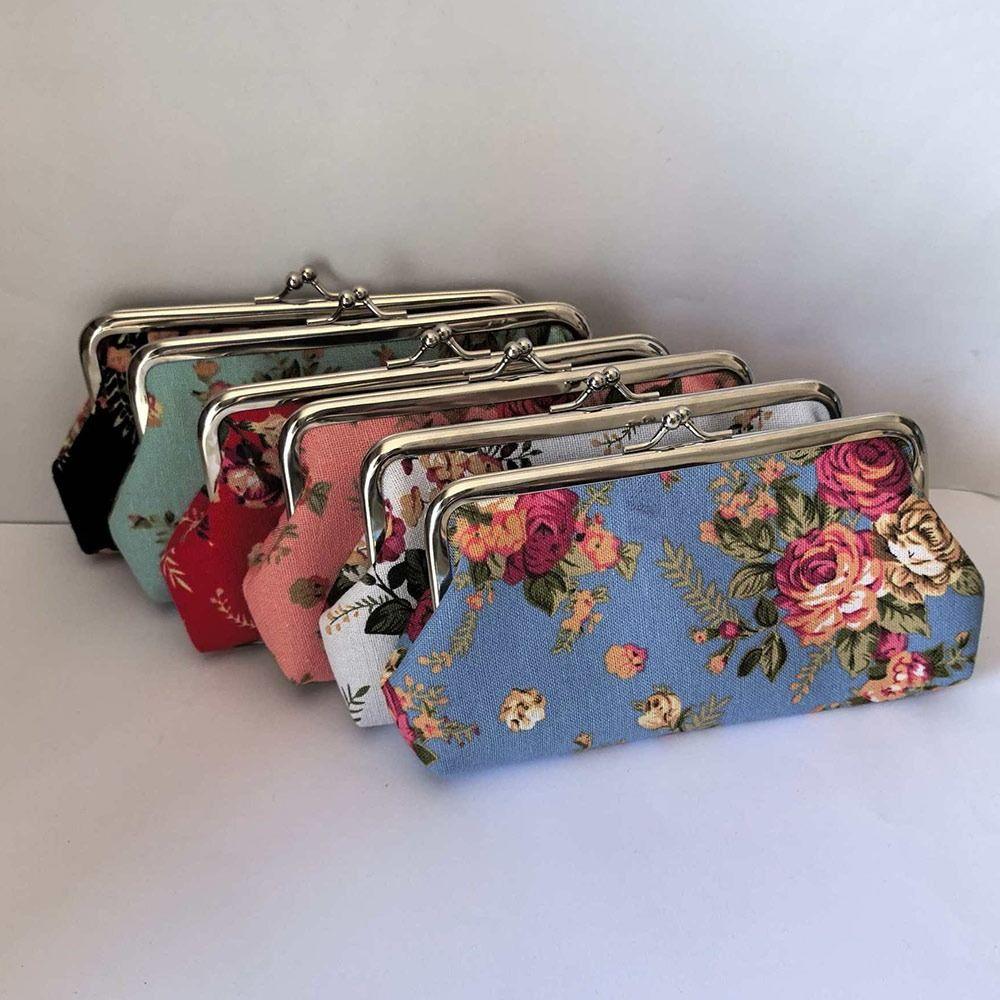 Retro Canvas Münzbörse Lange Metallspange Clutch Geldbörse Rose Blumendruck Kosmetiktasche für Damen