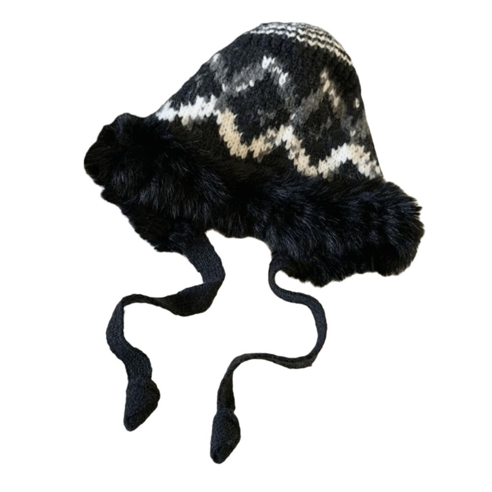 Windproof Faux Fur Lei Feng Hat Ethnic Style Pullover Beanie Hat Knitted Plush Hat Autumn Winter