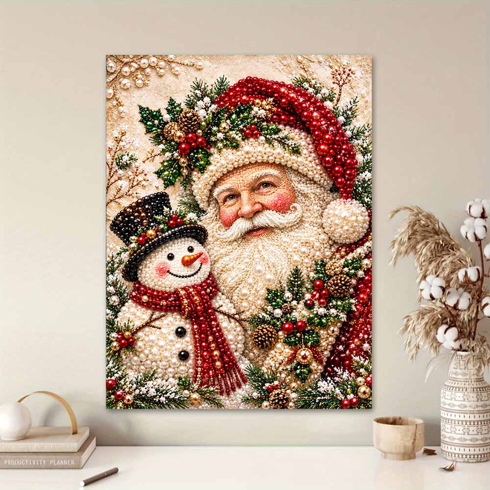 Santa Claus and Snowman Pearl Painting with Frame 3D Sparkling Canvas Art Relaxing Craft for Bedroom Wall Decor Gift Holiday Wall Art