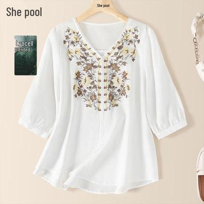 Camicia da donna con scollo a V ricamata e vestibilità ampia