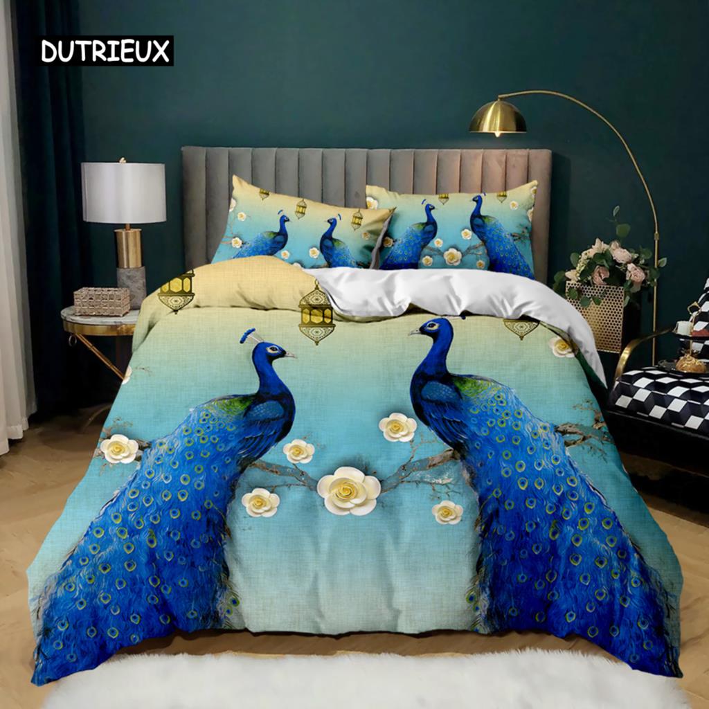 Set Husă Plapumă Păun Elegant Superb Albastru Pene Husă Plapumă Fete Femei Roz Flori Păsări Animal Poliester Husă Plapumă