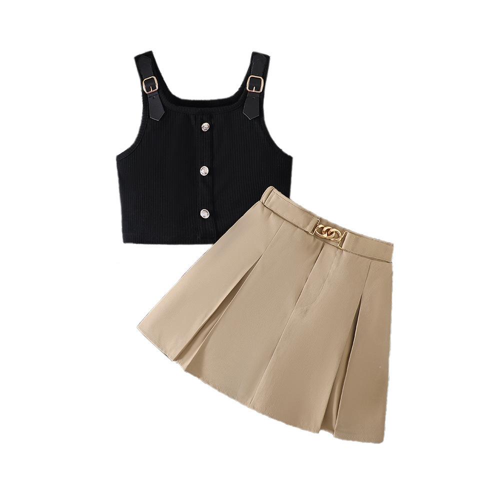 Çocuk Etekleri Çocuk Giyim 8-12Y Kız Çocuk İlkbahar-yaz Yeni Örme Halter Pilili Etek Moda Takım