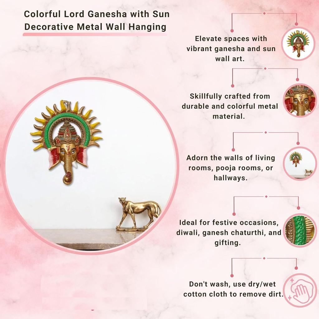Metal Sun Decorative Ganesha Wall Hanging- Lord Ganesha Statue Wall Art- Decorative Showpiece for Wall Decor