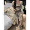 Striped Knitted Dress for Women In Autumn and Winter, Square Collar, Slim and Thin, Hip-wrapped Bottom, Long-sleeved Knee-length Dress