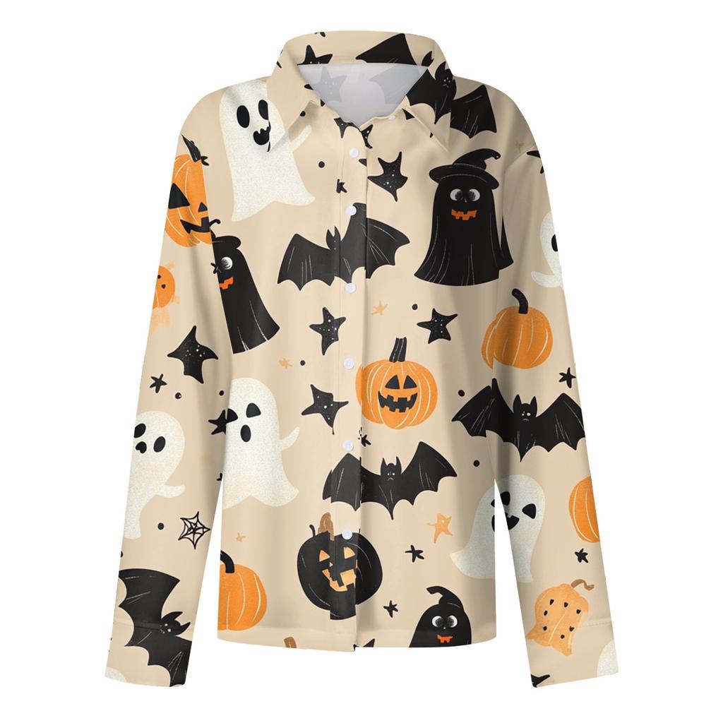 Damen Hemd Bluse Halloween Print Knopf Langarm Lässig Basic Hemdkragen Regulär Top