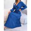 Women Cross V Neck High Waist Long Sleeve Solid Color Pleated Big Swing Maxi Dress