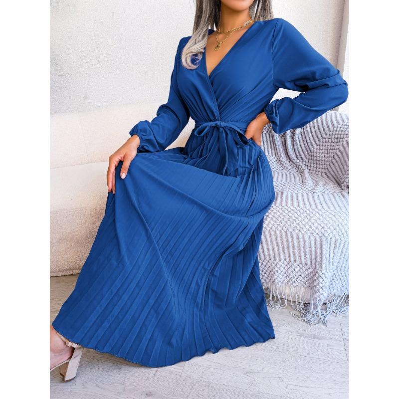 Women Cross V Neck High Waist Long Sleeve Solid Color Pleated Big Swing Maxi Dress